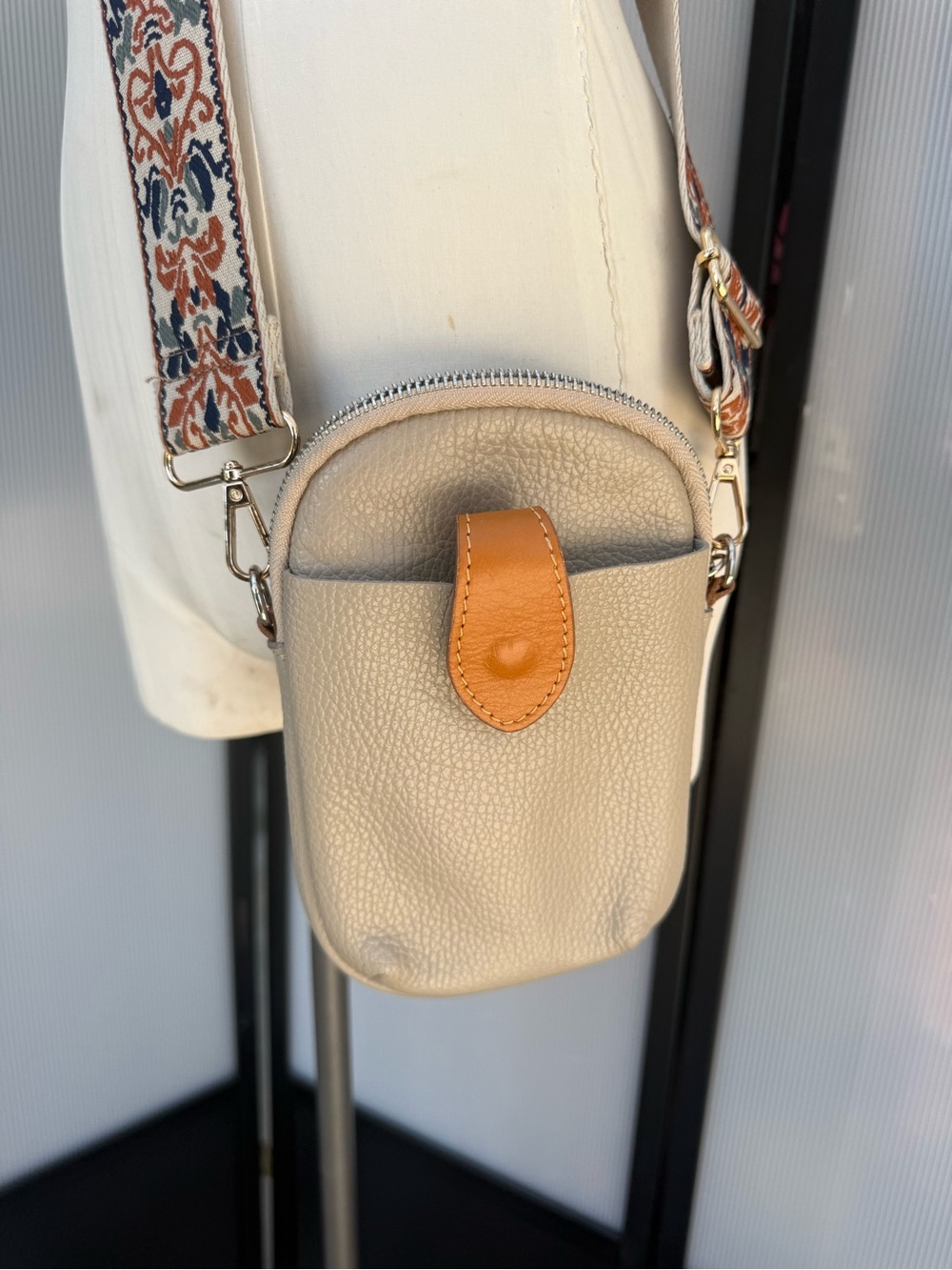 Neutral Pebbled Leather Crossbody Phone Bag with Tan Accent